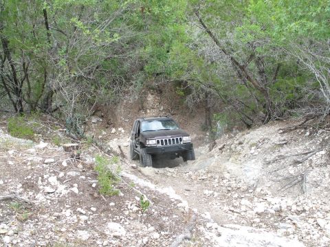 1995 Ford Bronco - A dark Jeep Grand Cherokee navigates a rough, off-road path through a wooded area.