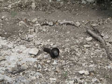 1995 Ford Bronco - A detached driveshaft U-joint rests on the ground amidst rocks and dry vegetation.