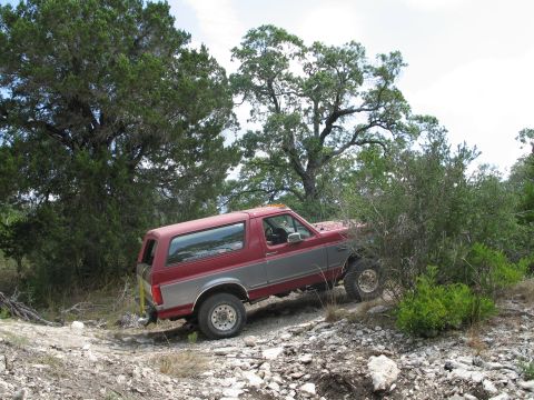 1995 Ford Bronco - A red and silver 1995 Ford Bronco navigates a rough, wooded terrain.
