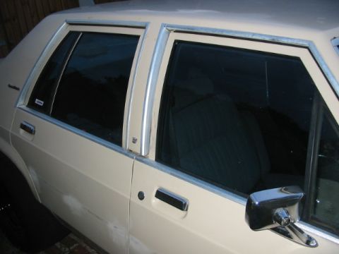 1985 Ford LTD Crown Victoria - The side profile of a beige sedan shows its rear door, window trim, and side mirror.