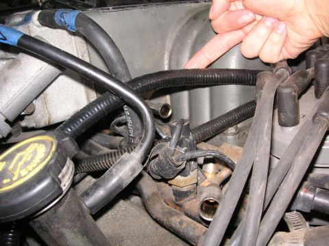 1999 Jeep Grand Cherokee - Engine bay components including hoses, wiring, and a sensor are visible in this close-up view.