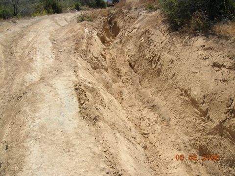1985 Ford Bronco - A dirt road shows deep tire tracks and a significant gully carved into the sandy terrain, with a date stamp of 08.06.2006 visible.