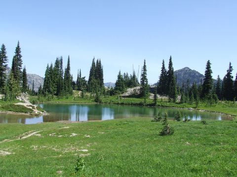 1979 Ford Bronco - A mountain lake reflects the surrounding evergreen trees and clear blue sky.