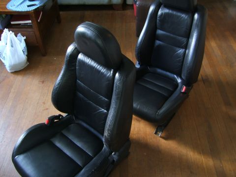 1996 Ford Probe - Two black leather car seats with visible red seatbelt buckles are shown indoors.