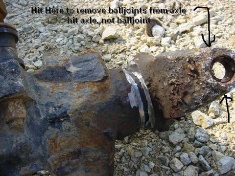 1992 Ford Bronco - Close-up of a rusted vehicle axle part with instructions on how to remove balljoints.