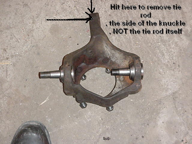 Steering knuckle with arrows and text indicating where to hit to remove tie rod