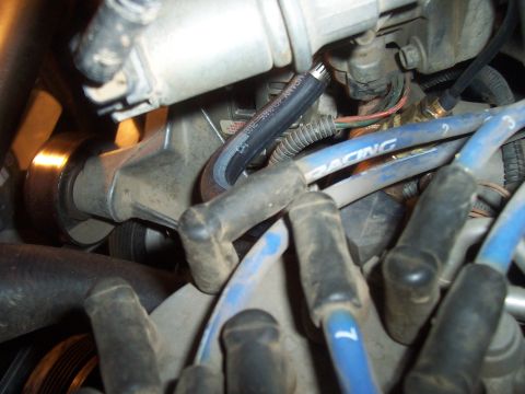1994 Ford F-150 - Close-up view of an engine bay, showing spark plug wires and a pulley system.