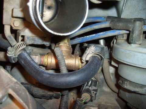 1994 Ford F-150 - Engine coolant control valve assembly with attached hoses and wiring.