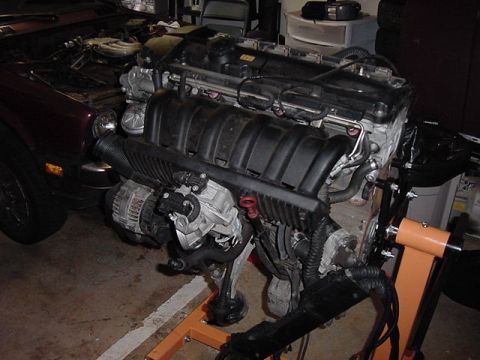 1984 BMW 3 Series - Engine removed from a maroon vehicle and mounted on an orange stand for service.