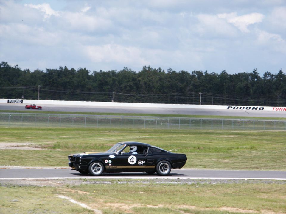 Black 1967 Shelby GT500 on track with gold stripes and number 4