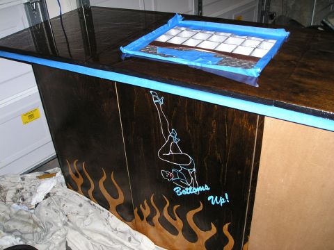 1996 Ford Bronco - A custom bar with pin-up style artwork and flame decals is shown, with the phrase "Bottoms Up!" visible.