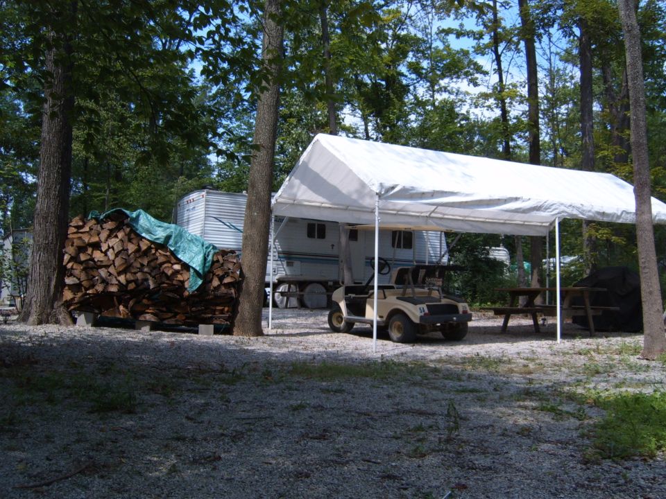 golf cart parked under a canopy next to an RV and a pile of firewood