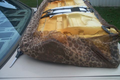 1985 Ford Crown Victoria LTD - Car seat upholstery with leopard print fabric cover is placed on the hood of a car.