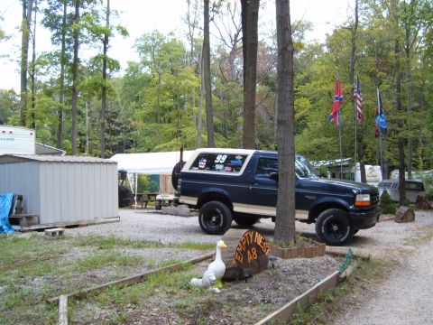 1993 Ford Bronco - A 1993 Ford Bronco is parked in a campsite with flags and a decorative goose nearby.