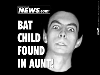 1969 Ford Mustang - A Weekly World News cover features a headline about a bat child and a man with pointed ears.