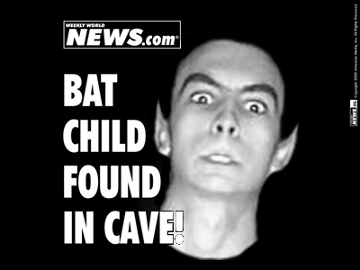 1969 Ford Mustang - A Weekly World News headline declares 'BAT CHILD FOUND IN CAVE!' next to a man's face.