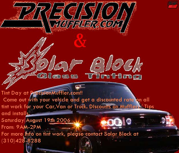 Red flyer for PrecisionMuffler.com and Solar Block Glass Tinting tint day Aug 19 2006
