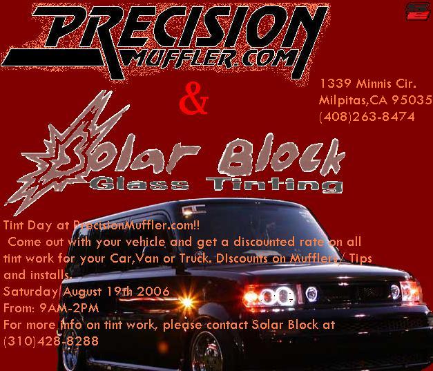 Red Precision Muffler and Solar Block tinting flyer with Milpitas CA address and Aug 2006 date