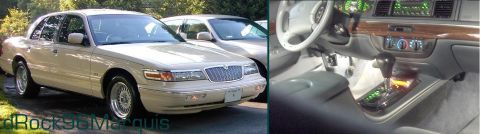 1996 Mercury Grand Marquis - A tan 1996 Mercury Grand Marquis is shown from the front-three-quarter view, with a second car behind it and a glimpse of the interior.
