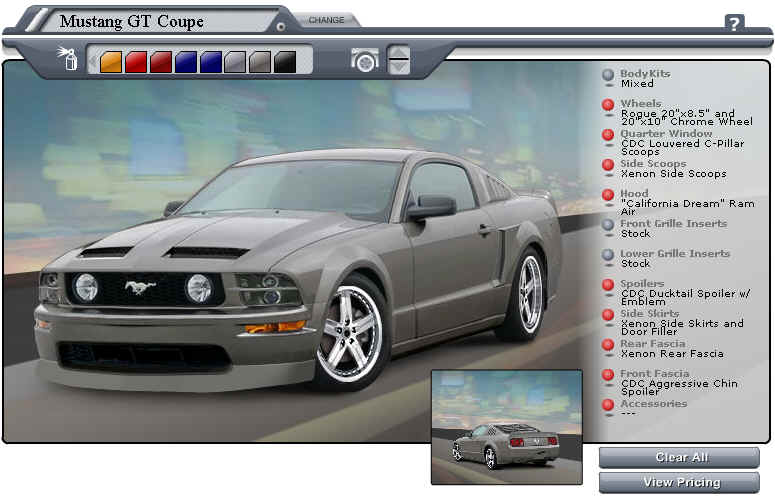 2005 Ford Mustang GT Coupe with custom wheels and body kit options displayed
