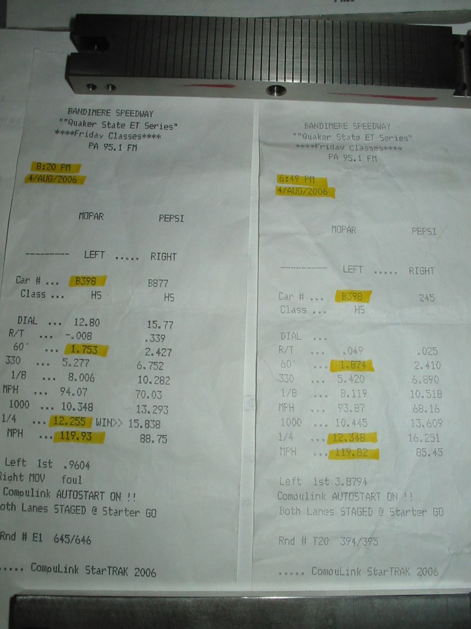 Two Bandimere Speedway drag race time slips with highlighted reaction and ET numbers