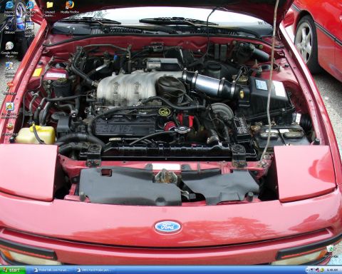 1991 Ford Probe - Windows XP desktop screenshot filled by an engine bay photo of a red Ford Probe, showing a transversely mounted 3.0 V6 with cast intake man…