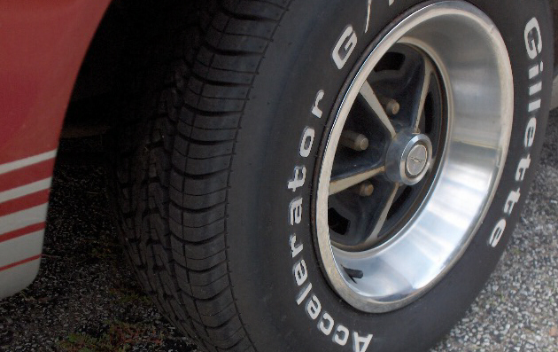 Close-up of a car's tire and wheel with white lettering