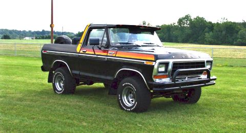 1979 Ford Bronco - This black Ford Bronco features a distinctive stripe package and a front bull bar, parked on a grassy field.
