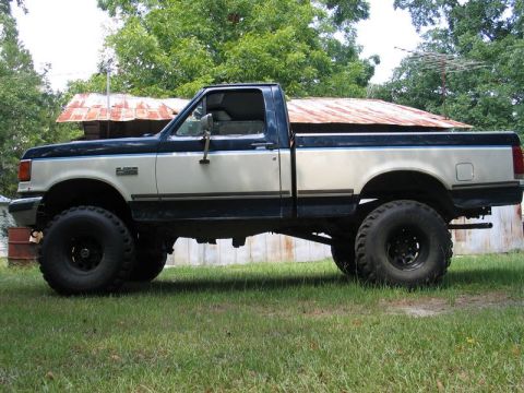 1989 Ford F-150 - This lifted 1989 Ford F-150 pickup truck is parked on grass with trees in the background.