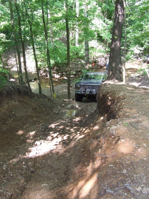 1986 Ford Bronco - A vehicle navigates a challenging off-road path through a forest.