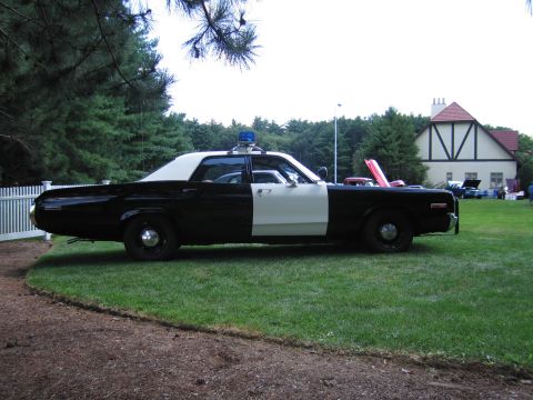 1991 Ford LTD Crown Victoria - black-and-white vintage four-door police sedan parked in profile on grass, with a roof light bar, near a Tudor-style house.