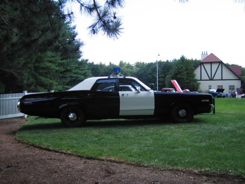 1991 Ford LTD Crown Victoria - Side profile of a black-and-white classic police sedan with a blue roof light, parked on a lawn at an outdoor event.