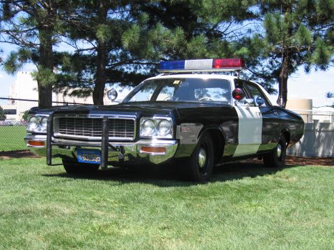 1991 Ford LTD Crown Victoria - Front three-quarter view of a black-and-white classic police sedan with a push bumper, roof lights, and front plate, parked on grass.