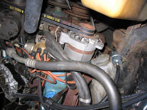 1991 Ford LTD Crown Victoria - Close-up of an engine bay showing a chrome-fan alternator, drive belts, rubber hoses, and orange spark plug wires.