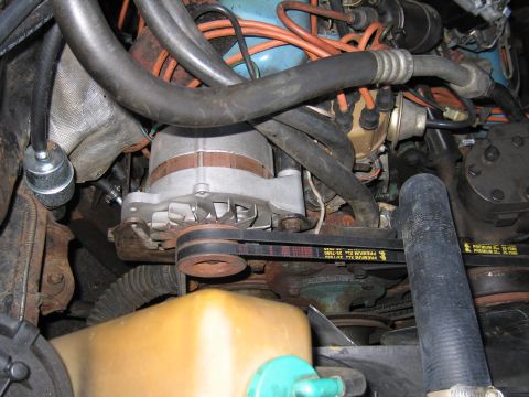 1991 Ford LTD Crown Victoria - engine bay view with an alternator and drive belt, surrounded by hoses, brackets, and a yellow plastic reservoir.