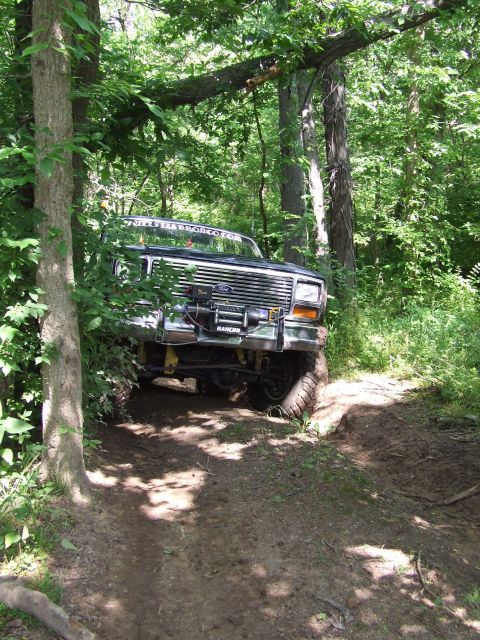 1986 Ford Bronco - This Ford Bronco is navigating a wooded trail with a winch mounted on the front bumper.