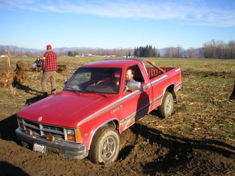 1978 Ford Bronco - A red pickup truck is stuck in a muddy field with a driver inside and another person standing nearby.