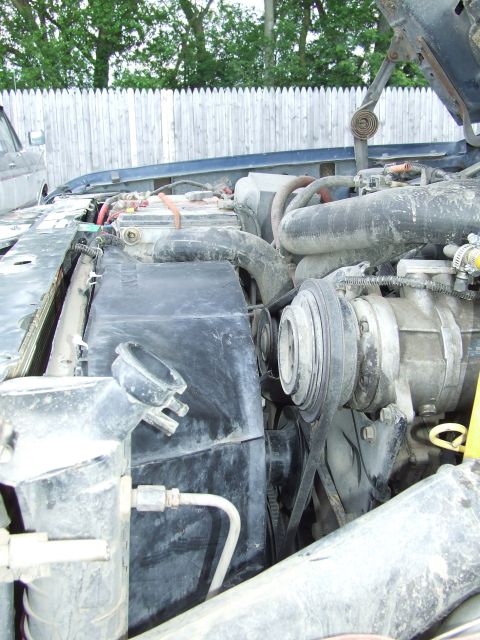 1986 Ford Bronco - Engine bay of a 1986 Ford Bronco, showing the radiator, belts, and engine components.