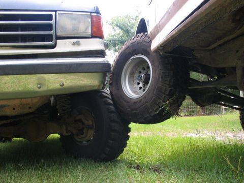1989 Ford F-150 - Two lifted trucks are shown from a low angle, with one's front bumper very close to the other's tire.