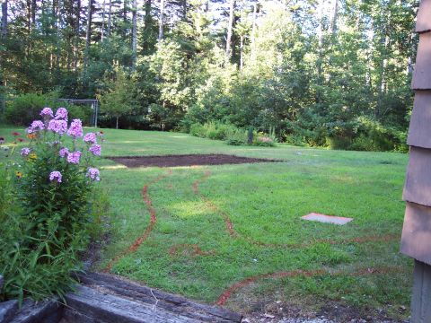 2001 Ford Crown Victoria - The backyard shows preparations for a garden, with a tilled area and marked pathways on the lawn.