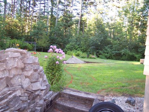 2001 Ford Crown Victoria - Backyard scene with a stone wall, flowers, and a sand pile under a canopy of trees.