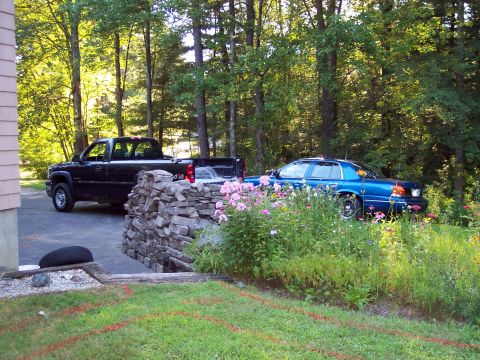2001 Ford Crown Victoria - A blue sedan and a black pickup truck are parked in a driveway surrounded by trees and flowers.