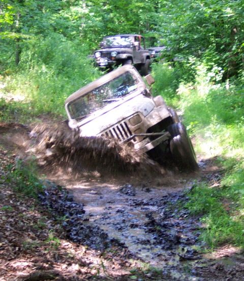 1978 Ford Bronco - Two Jeeps navigate a muddy trail through a dense forest.