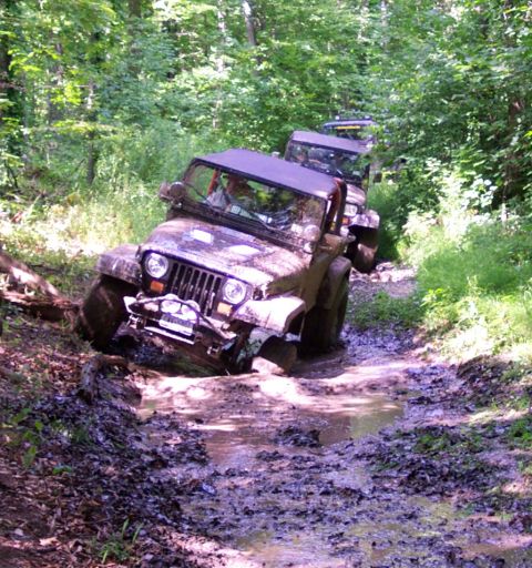 1978 Ford Bronco - Several Jeep Wranglers tackle a challenging off-road course, with one vehicle stuck in the mud.