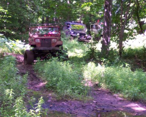 1978 Ford Bronco - Multiple off-road vehicles navigate a muddy path through a wooded area.