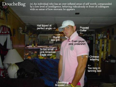2001 Ford Crown Victoria - Man with text annotations pointing out various features of his attire and appearance.