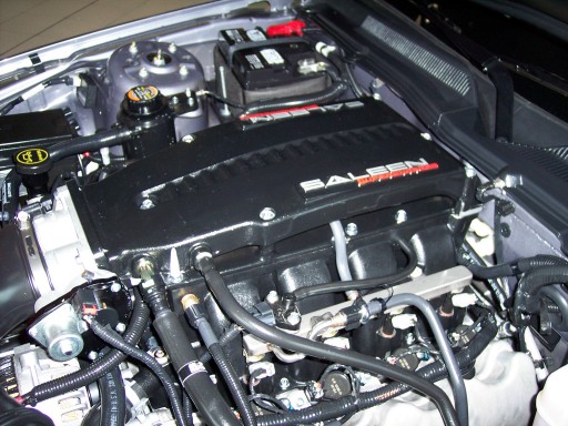 Engine bay with black Saleen branded intake manifold