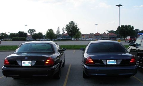 1998 Ford Crown Victoria - Two Ford Crown Victorias are parked side-by-side in a parking lot, viewed from the rear.