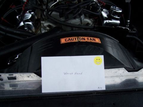 1972 Ford Ranchero - A note reading "Worst Hand" and a smiley face sticker are placed in the engine bay of a vehicle.