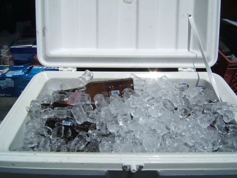 1988 Ford Bronco - A cooler is filled with ice and bottles, ready for an event.